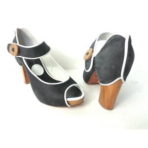 ras 6.5M Black / White Peep Leather Peep Toe Mary Jane Platform Wood Heel Shoes